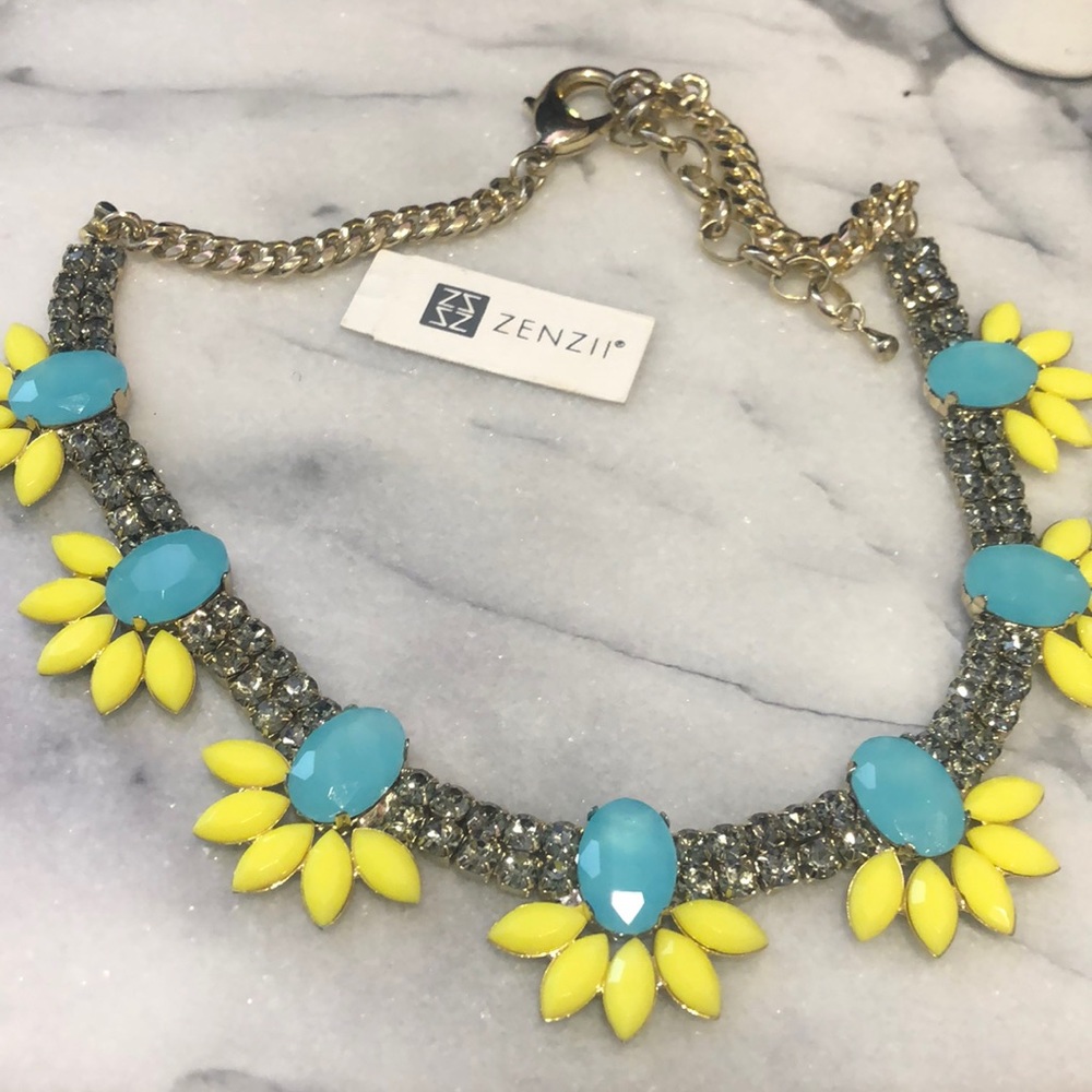 Gorgeous Turquoise & Yellow Statement Necklace with Crystals